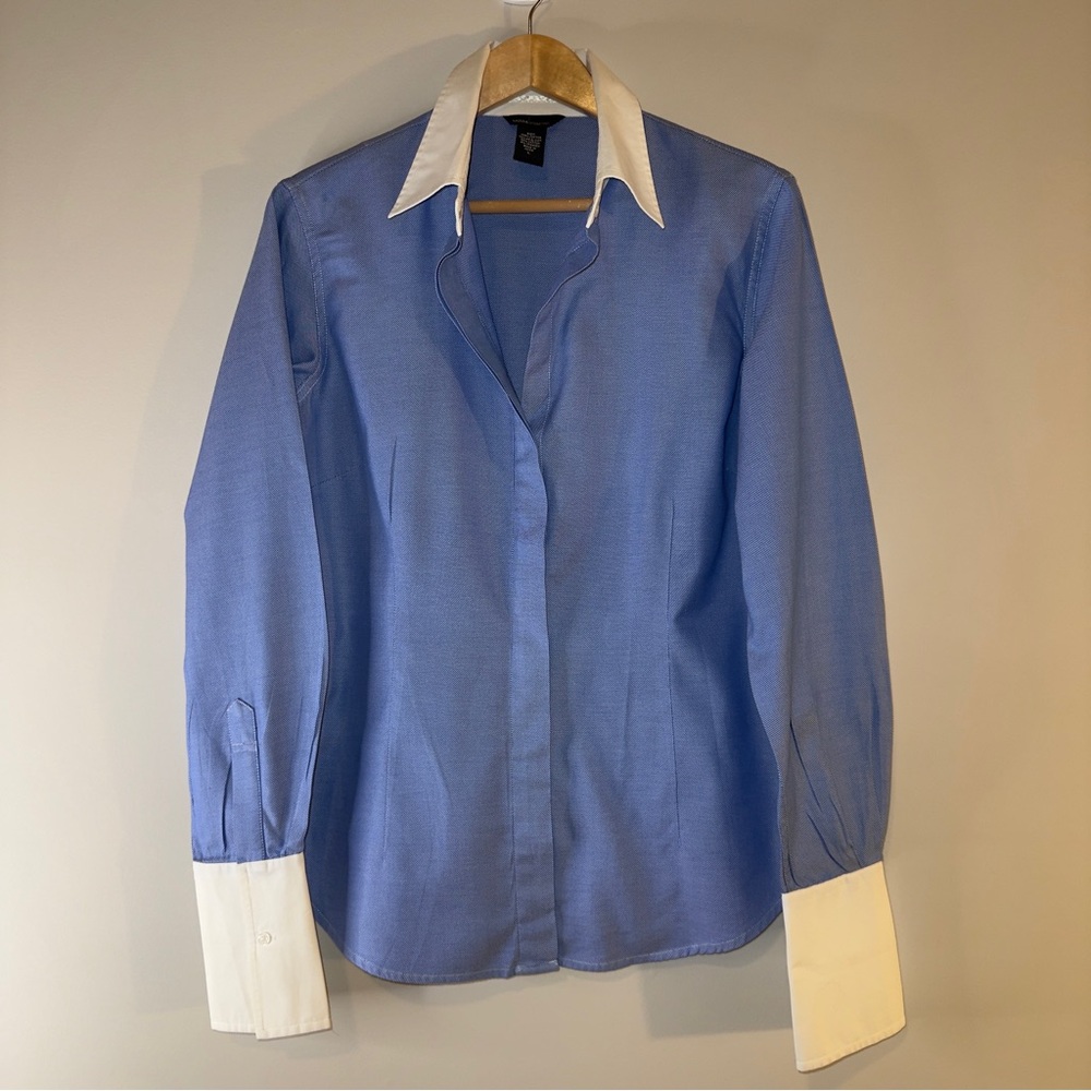 Moda International Women’s Button Down Blue Shirt with White Collar | Size L